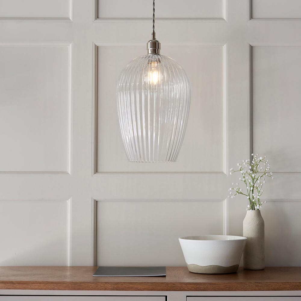 Hixson Large Ribbed Glass Pendant Ceiling Light In Nickel