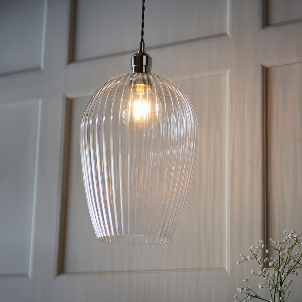Hixson Large Ribbed Glass Pendant Ceiling Light In Nickel
