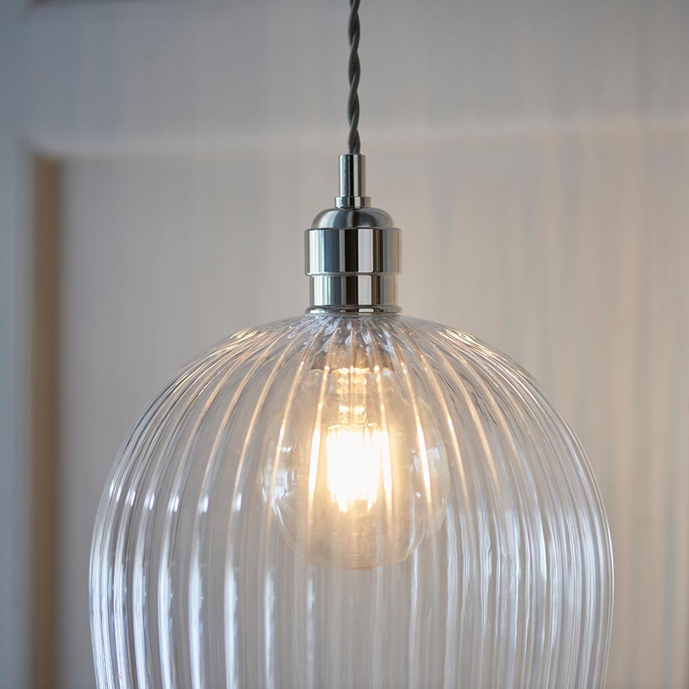 Hixson Large Ribbed Glass Pendant Ceiling Light In Nickel