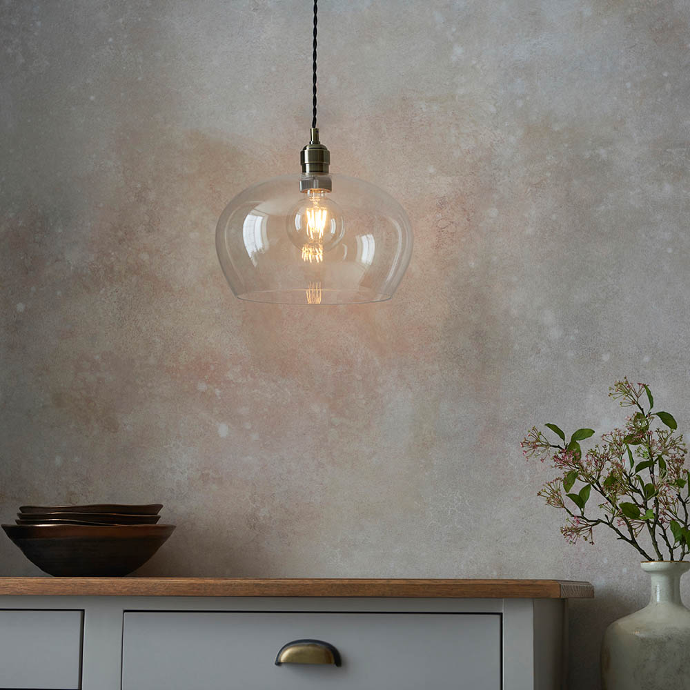 Hixson Medium Clear Glass Pendant Ceiling Light In Antique Brass