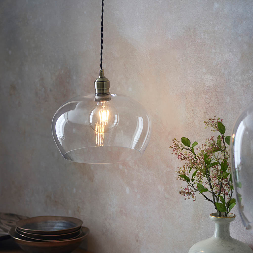 Hixson Medium Clear Glass Pendant Ceiling Light In Antique Brass