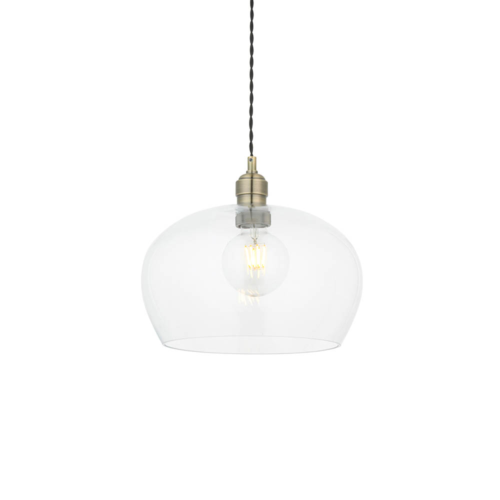 Hixson Medium Clear Glass Pendant Ceiling Light In Antique Brass