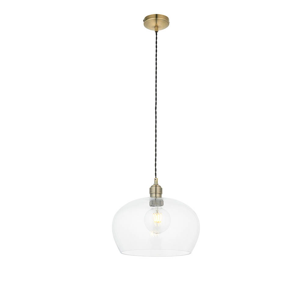 Hixson Medium Clear Glass Pendant Ceiling Light In Antique Brass