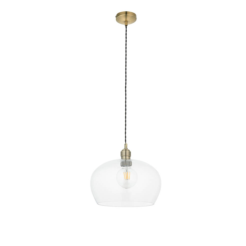 Hixson Medium Clear Glass Pendant Ceiling Light In Antique Brass