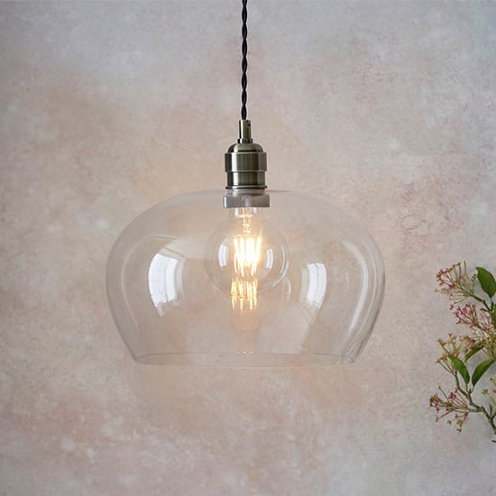 Product photograph of Hixson Medium Clear Glass Ceiling Pendant Light In Antique Brass from Furniture in Fashion