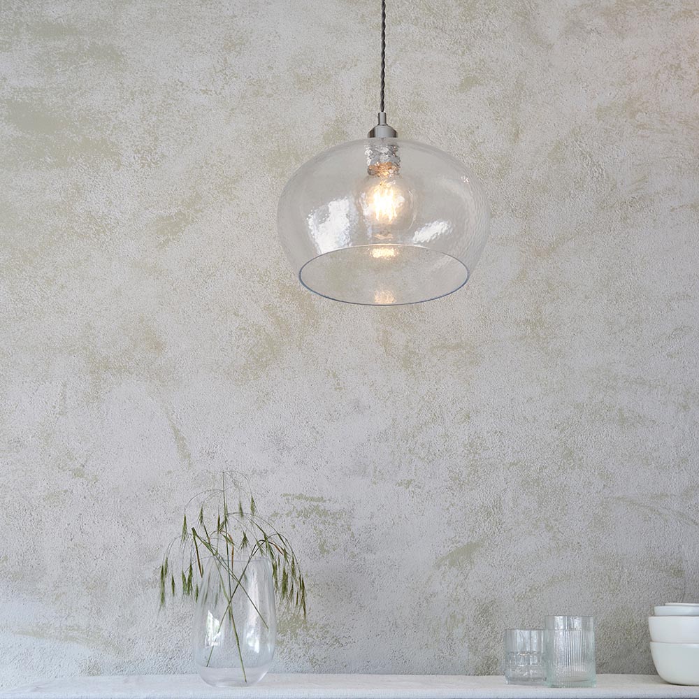 Hixson Medium Hammered Glass Pendant Ceiling Light In Nickel