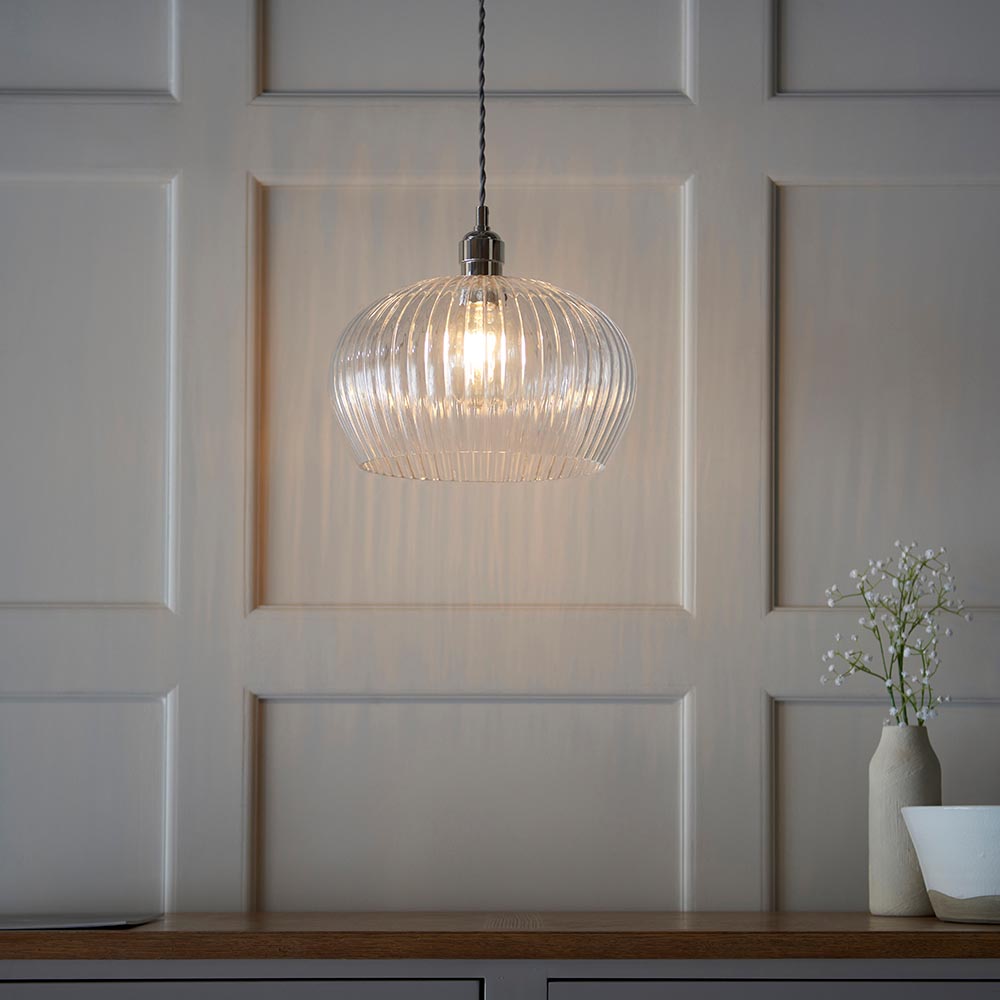 Hixson Medium Ribbed Glass Pendant Ceiling Light In Nickel