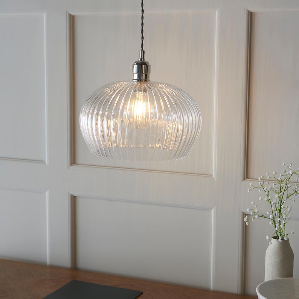 Hixson Medium Ribbed Glass Pendant Ceiling Light In Nickel