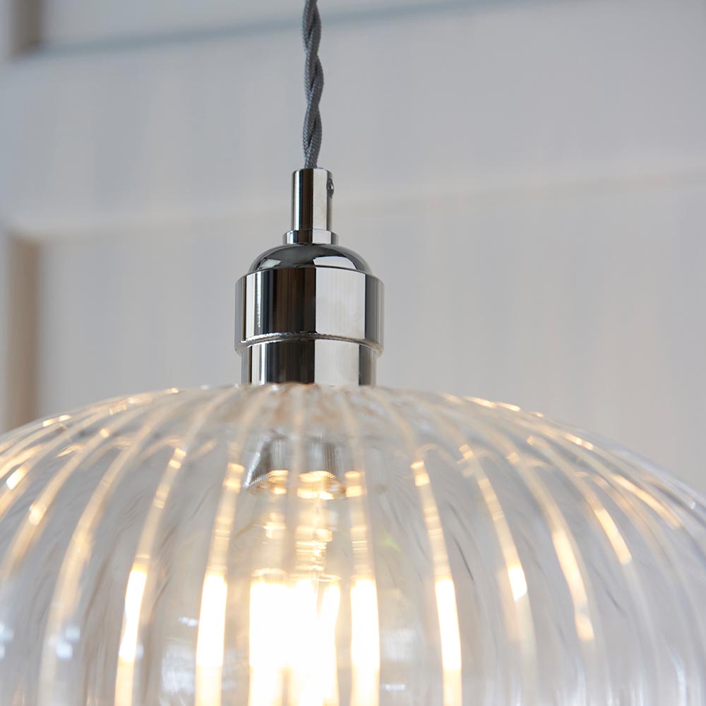 Hixson Medium Ribbed Glass Pendant Ceiling Light In Nickel