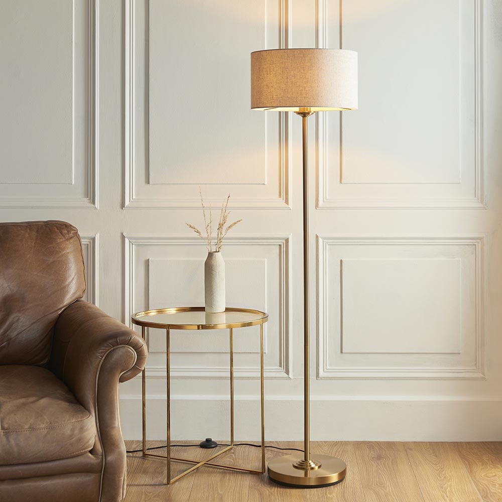 Read more about Hixson natural fabric shade floor lamp in vintage brass