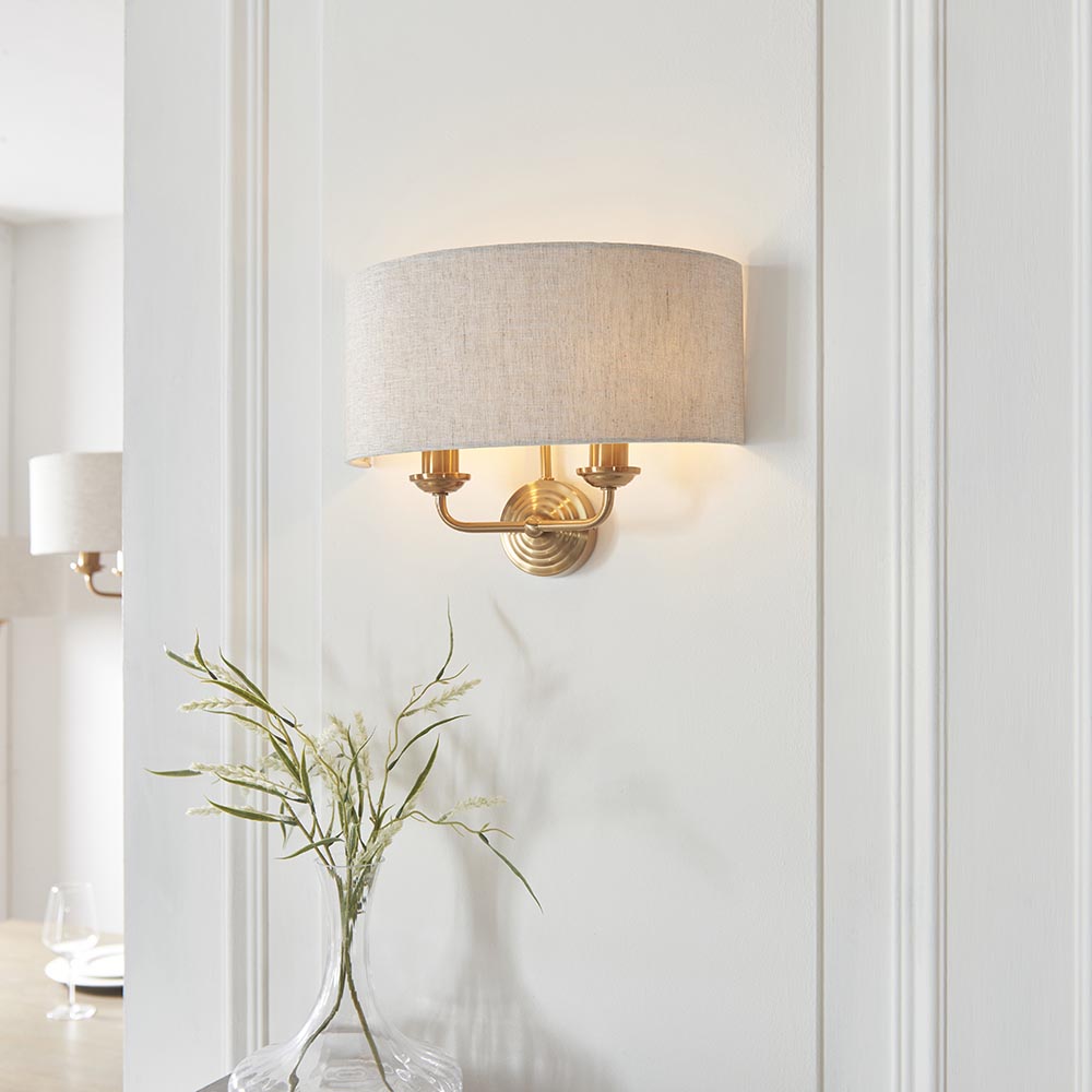 Hixson Natural Fabric Wall Light With Vintage Brass Base
