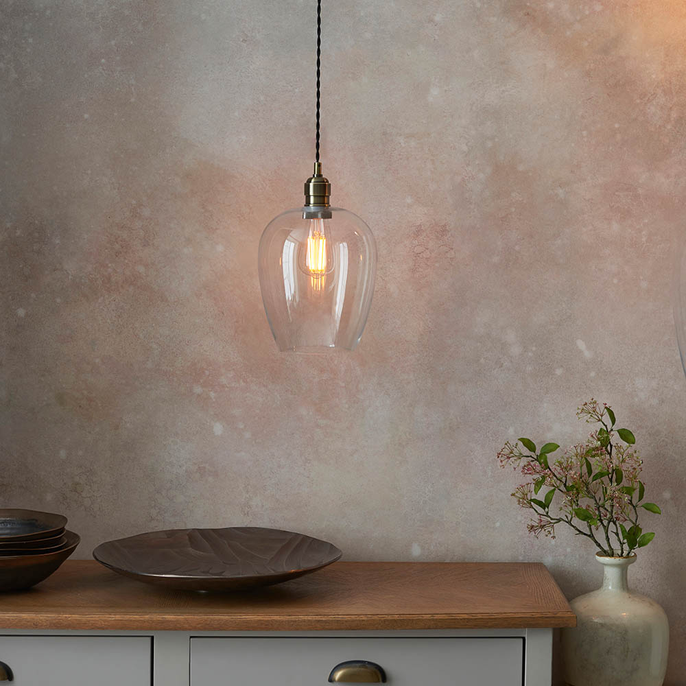Hixson Small Clear Glass Ceiling Pendant Light In Antique Brass