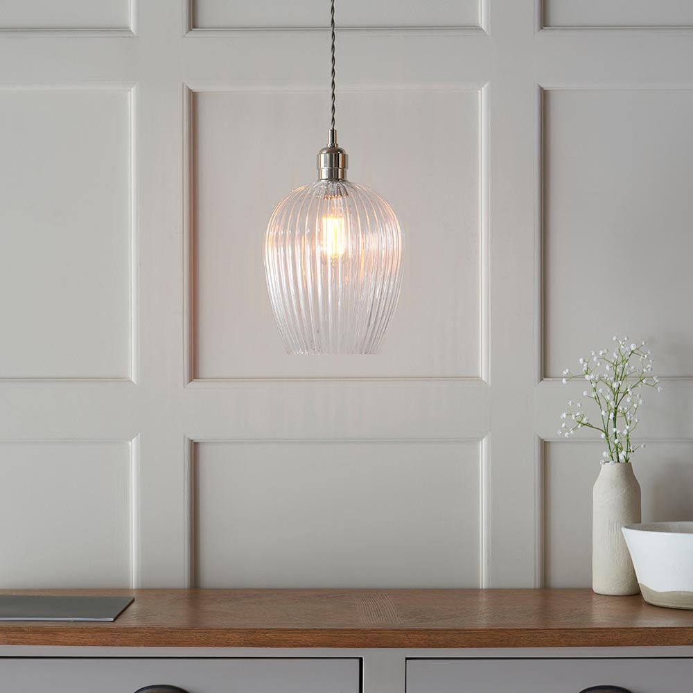 Hixson Small Ribbed Glass Pendant Ceiling Light In Nickel