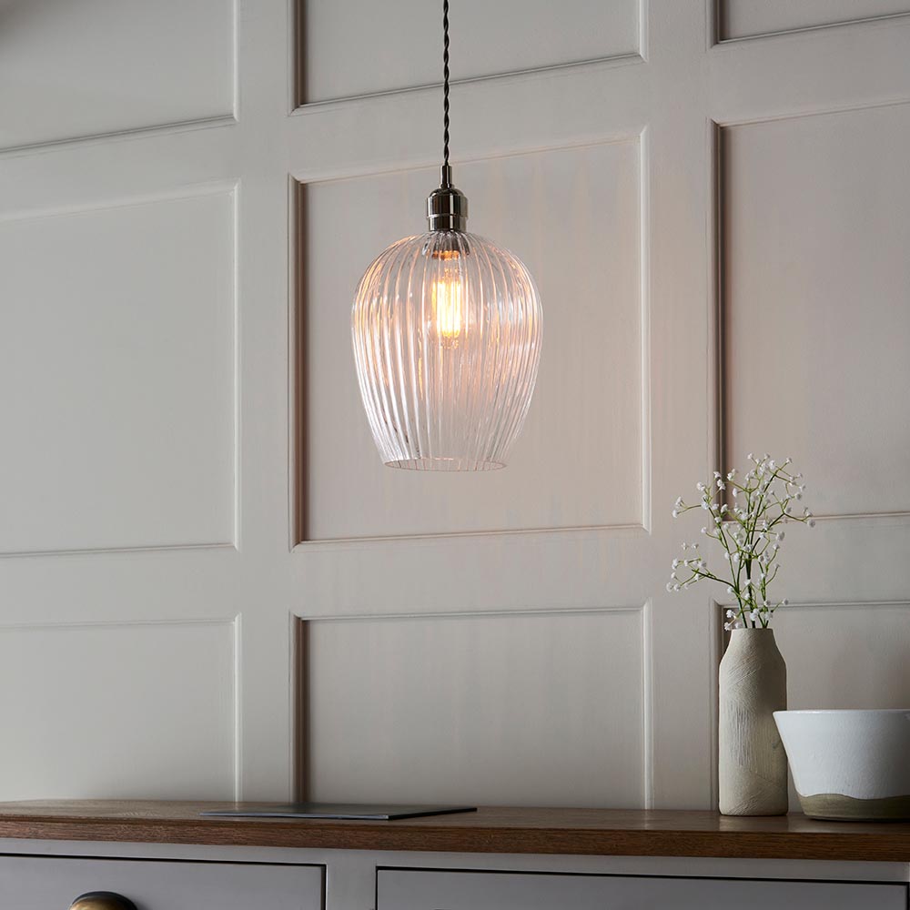Hixson Small Ribbed Glass Pendant Ceiling Light In Nickel