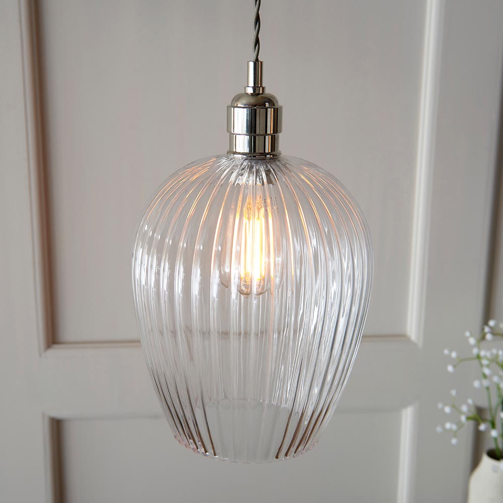 Hixson Small Ribbed Glass Pendant Ceiling Light In Nickel