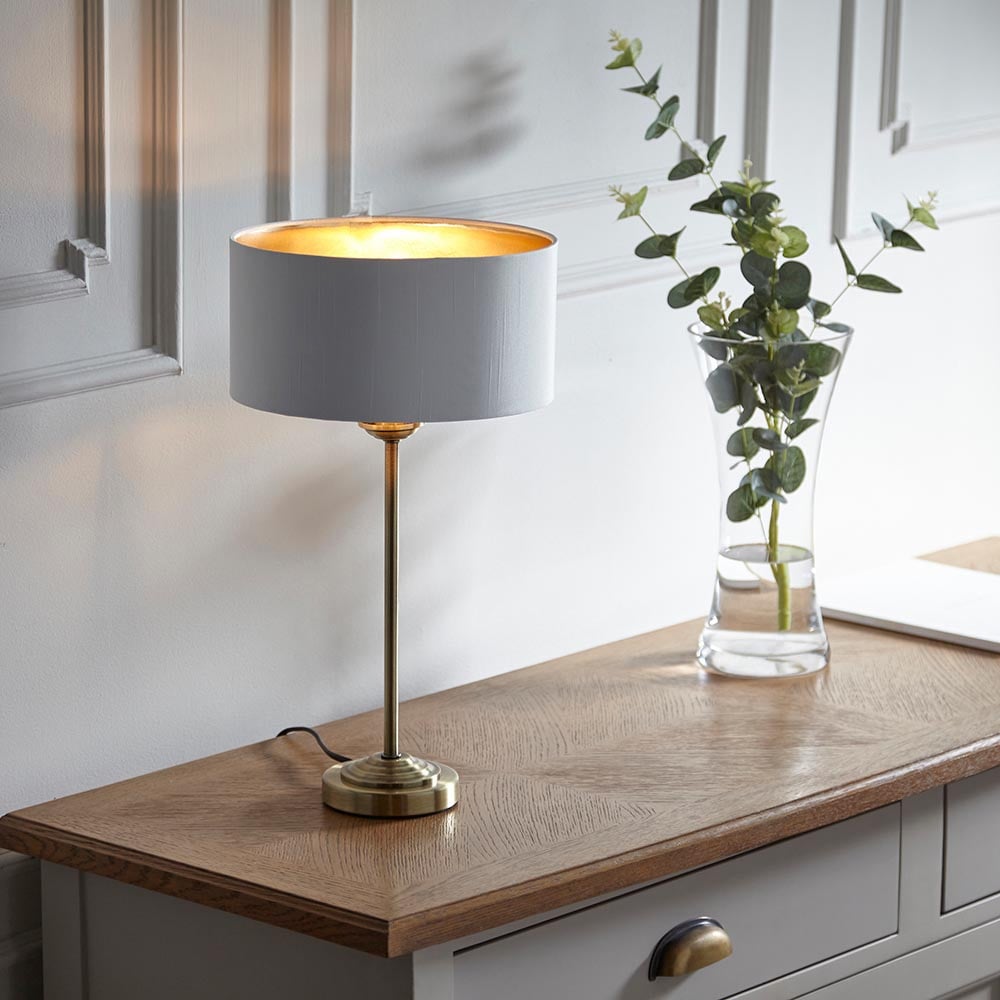 Read more about Hixson vintage white fabric shade table lamp in antique brass
