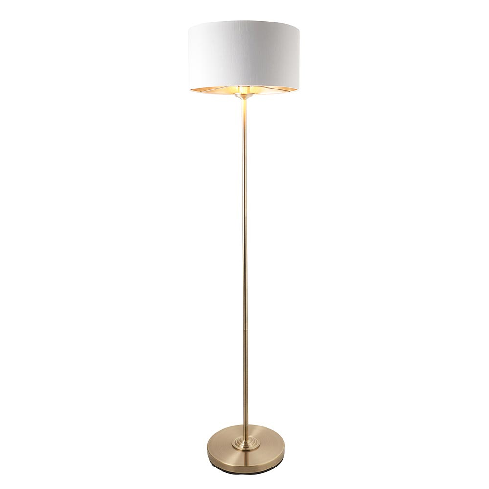 Hixson White Fabric Shade Floor Lamp In Antique Brass