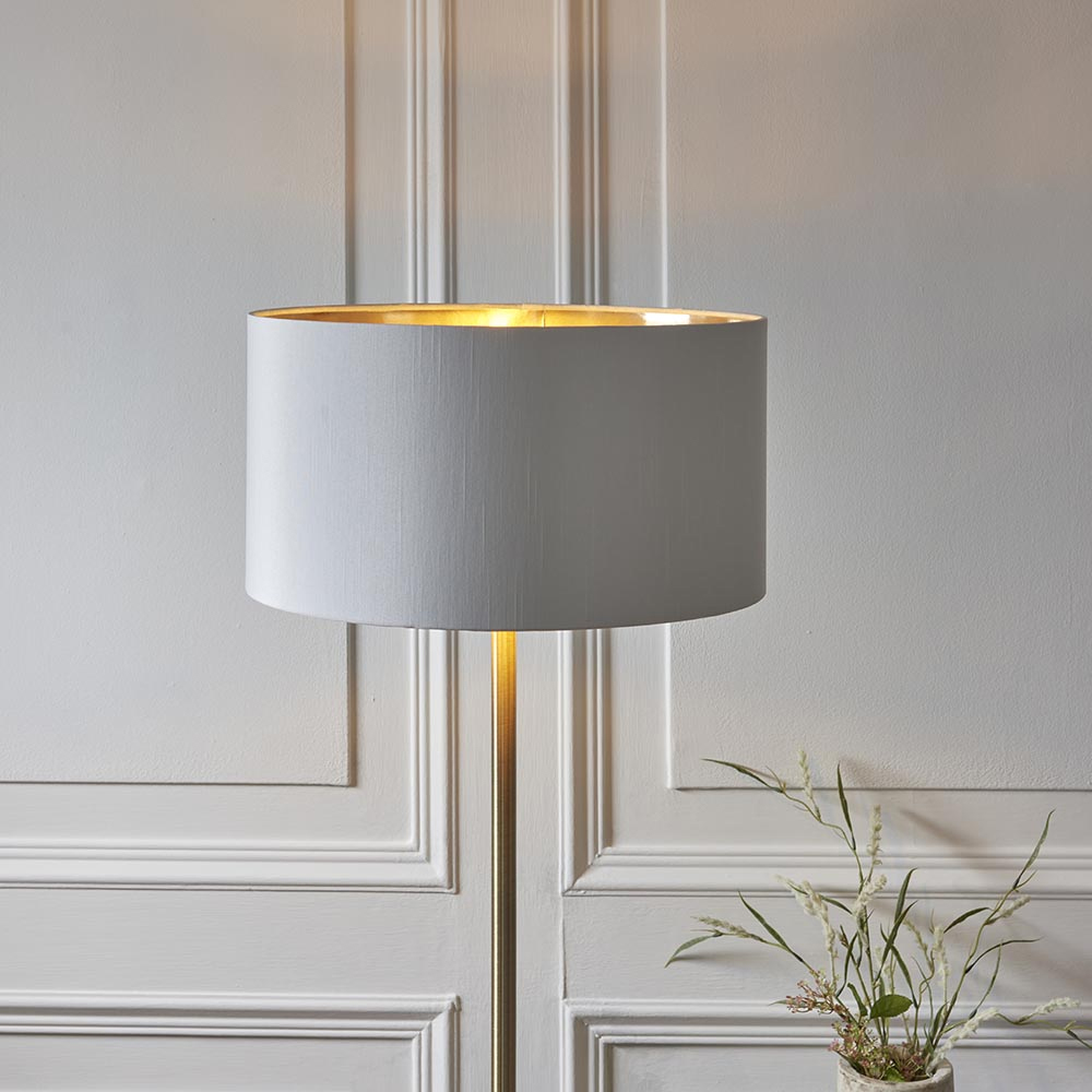 Hixson White Fabric Shade Floor Lamp In Antique Brass