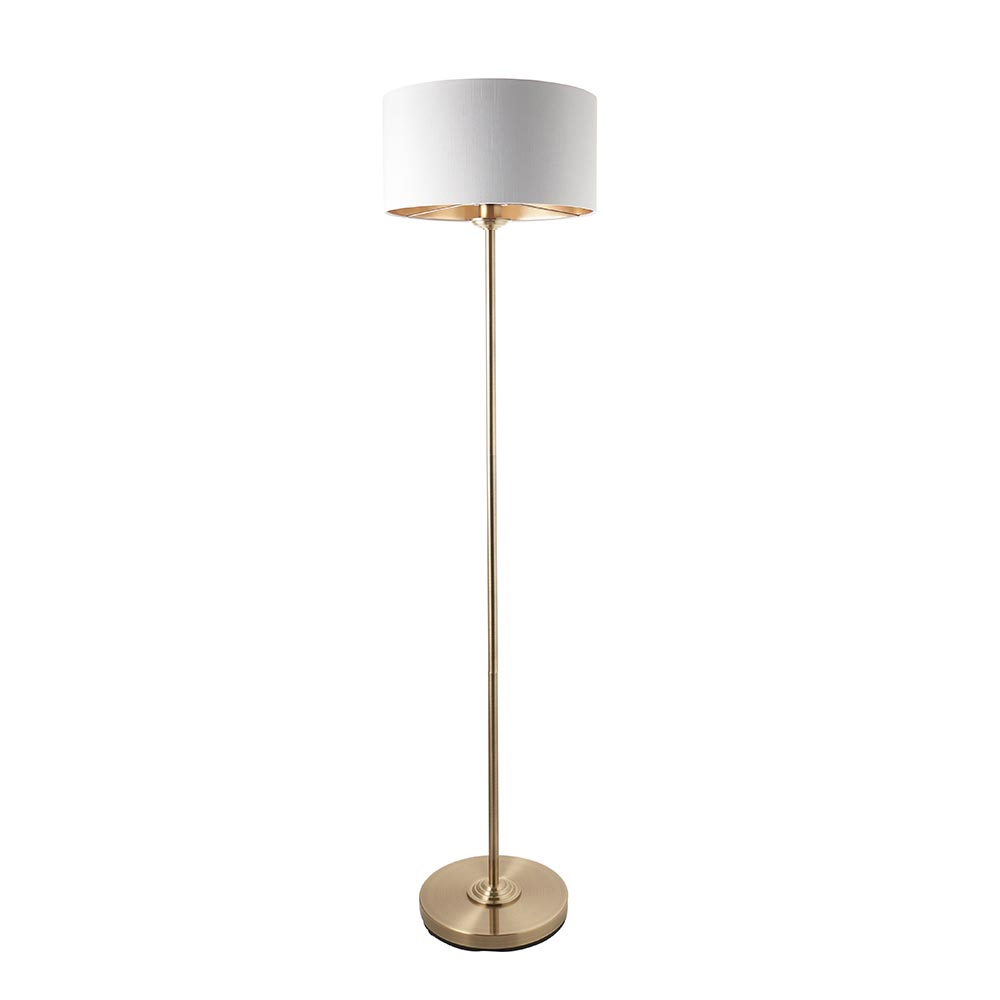 Hixson White Fabric Shade Floor Lamp In Antique Brass