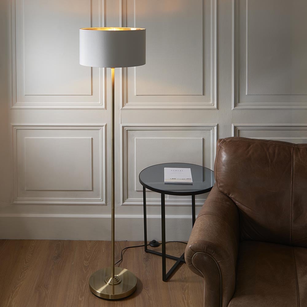 Read more about Hixson white fabric shade floor lamp in antique brass