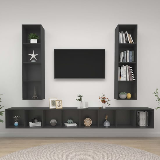 Product photograph of Hiyan Wall Hung Wooden Entertainment Unit In Grey from Furniture in Fashion