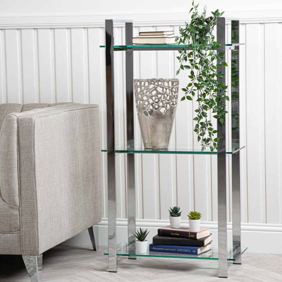 Product photograph of Hobart 3 Tier Glass Shelves Display Stand Wide In Chrome Frame from Furniture in Fashion