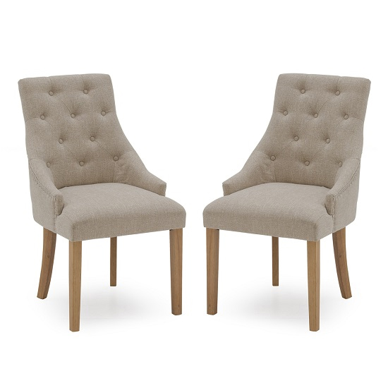 Read more about Hobs beige fabric dining chairs with wooden legs in pair