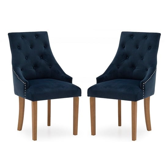 Hobs Blue Velvet Dining Chairs With Wooden Legs In Pair
