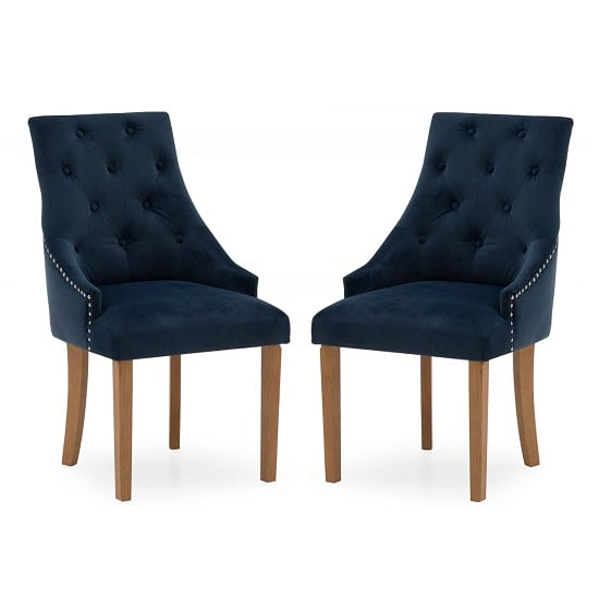 Hobs Blue Velvet Dining Chairs With Wooden Legs In Pair