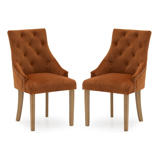 Hobs Pumpkin Velvet Dining Chairs With Wooden Legs In Pair