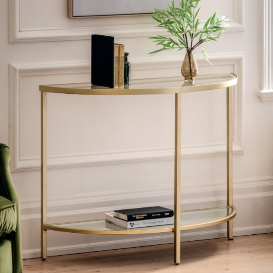 Product photograph of Hobson Clear Glass Console Table With Champagne Frame from Furniture in Fashion