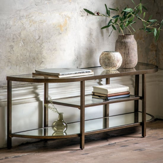 Read more about Hobson clear glass tv stand with bronze frame