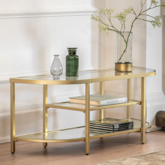 Hobson Clear Glass TV Stand With Champagne Frame