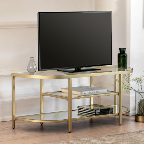 Read more about Hobson clear glass tv stand with champagne frame