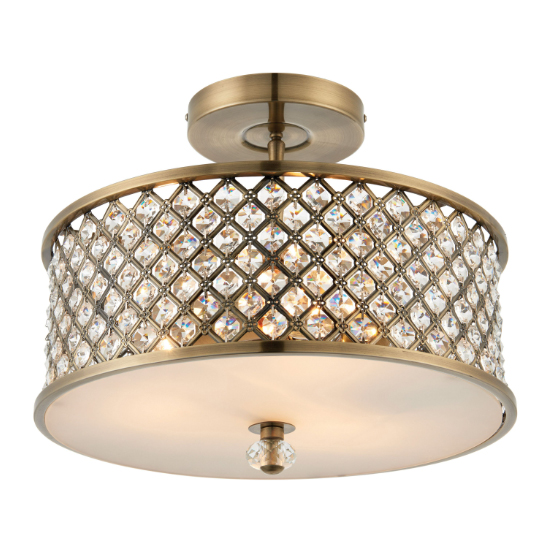 Hobson Crystal Glass Ceiling Light With Antique Brass Frame