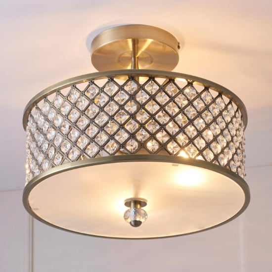Hobson Crystal Glass Ceiling Light With Antique Brass Frame