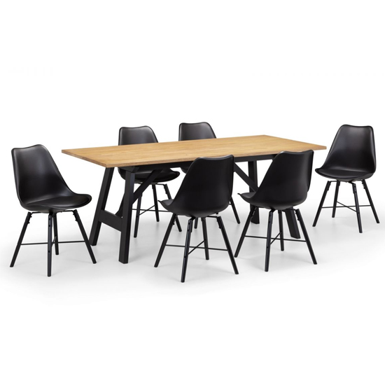 Haile Dining Set In Oak And Black With 6 Kaili Black Chairs