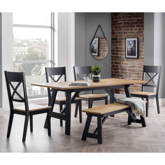 View Hockley dining set in oak and black with bench and 4 chairs