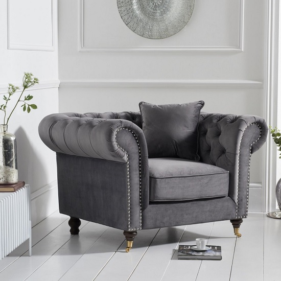 Holbrook Chesterfield Velvet Armchair In Grey