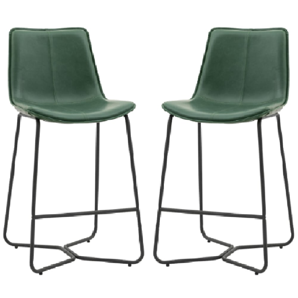 Holland Green Leather Bar Chairs With Metal Frame In Pair