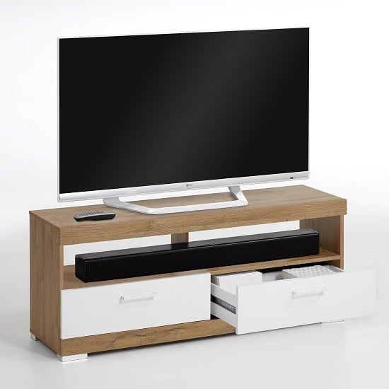 Holte Wooden TV Stand In Oak And White Gloss With 2 Drawers_2