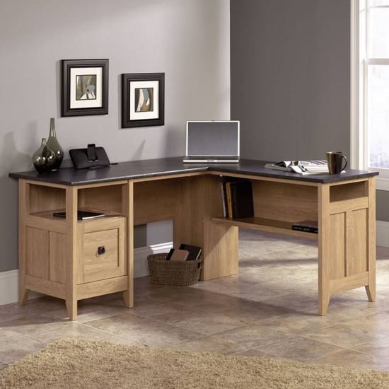 Photo of Home wooden l-shaped computer desk in dover oak