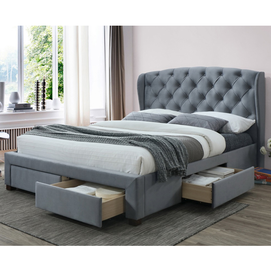 Hope Velvet Upholstered Storage King Size Bed In Grey Furniture in