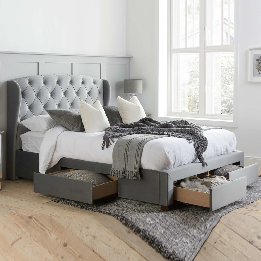 Hoper Fabric Double Bed With 4 Drawers In Grey Velvet