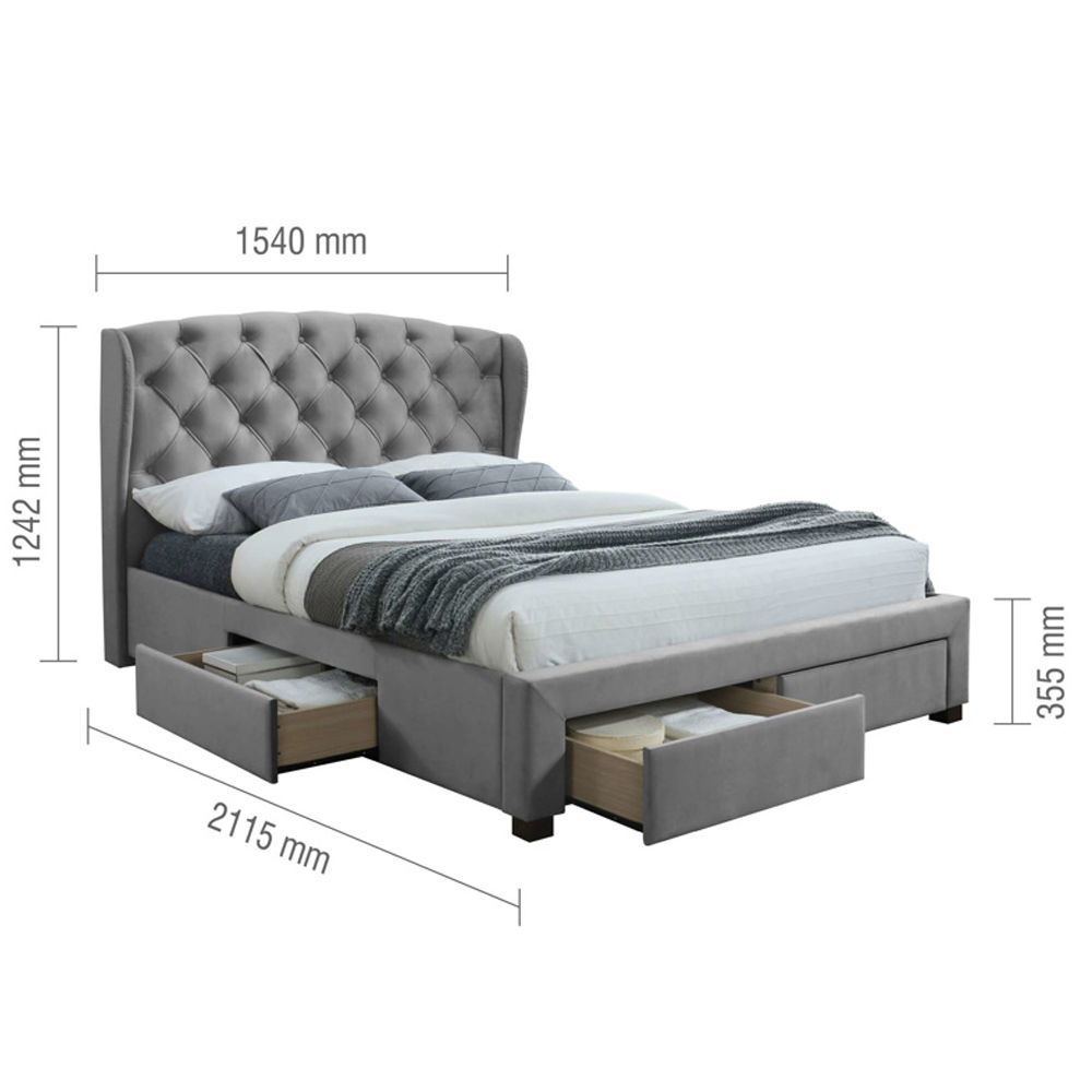 Hoper Fabric Double Bed With 4 Drawers In Grey Velvet