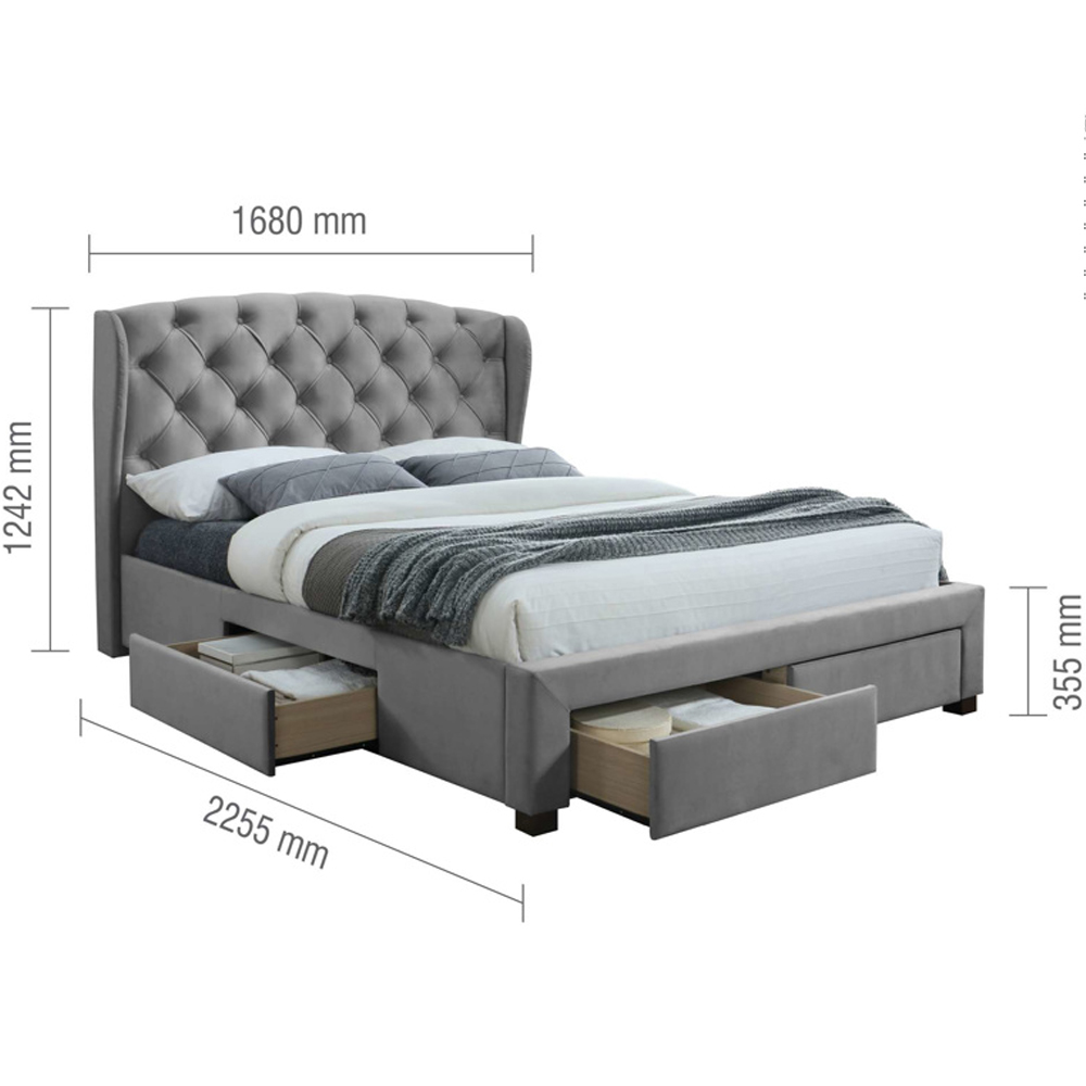 Hoper Fabric King Size Bed With 4 Drawers In Grey Velvet