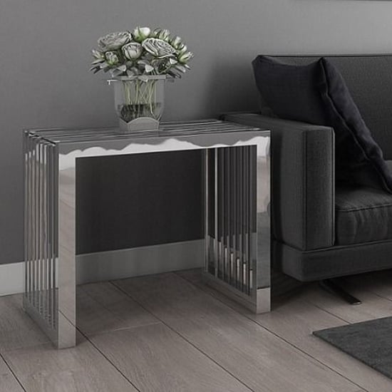 Product photograph of Hadlow Clear Glass Side Table With Stainless Steel Frame from Furniture in Fashion