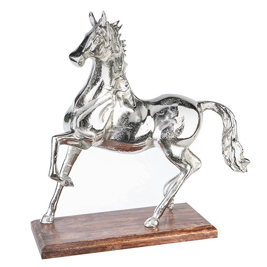 Horse Sculpture In Antique Aluminium With Brown Wooden Base_1