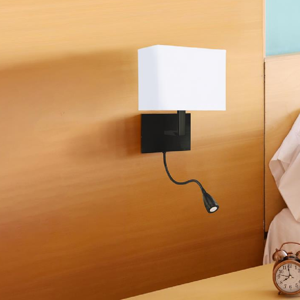 Hotel White Fabric Shade Wall Light With Torch In Matt Black