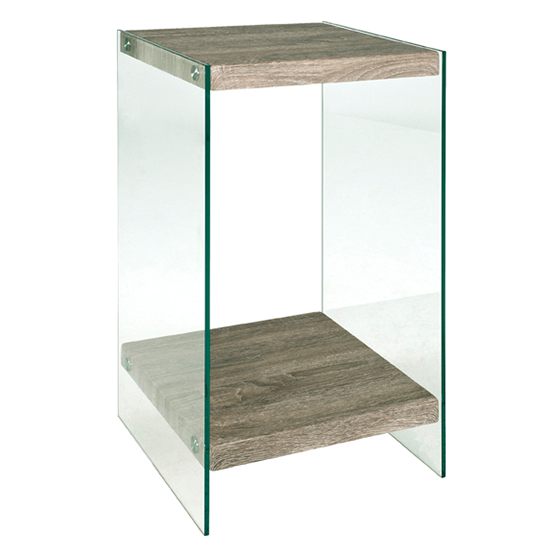 Huach Tall Wooden Side Table In Truffle Oak With Glass Sides